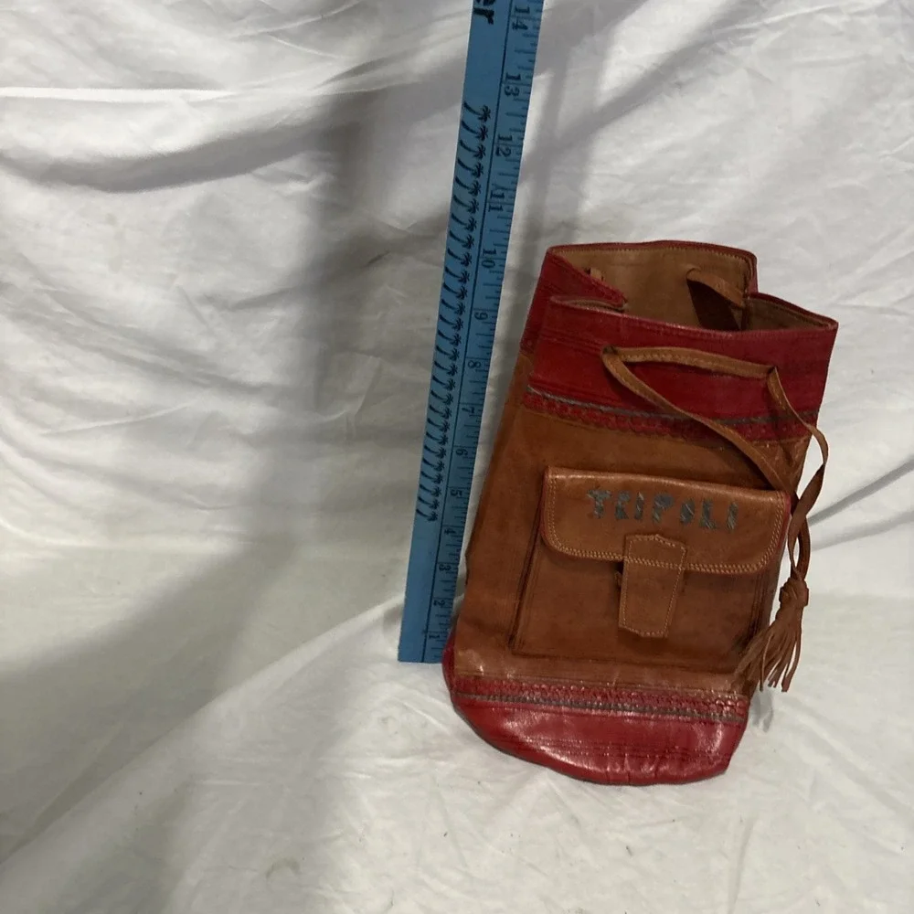 Vintage Cyprus Tourist Leather Drawstring Wrist Bag Handbag Wristlet Purse Tote‎
